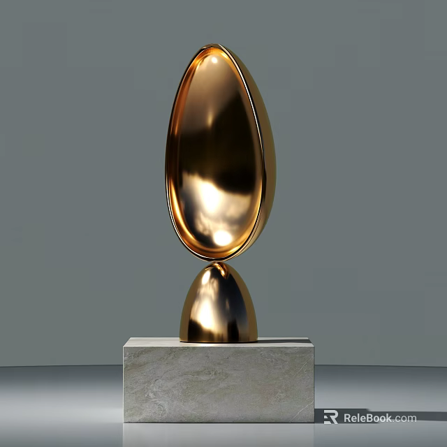 Elegant Golden Shiny Decorative Ornament Set With Oval Egg Shaped Design And Marble Base 3d model 