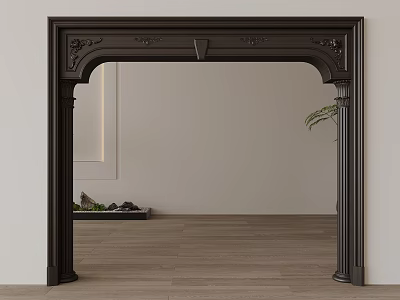 Black Carved Fireplace Mantel With White Wall Wooden Floor And Green Plant 3d model