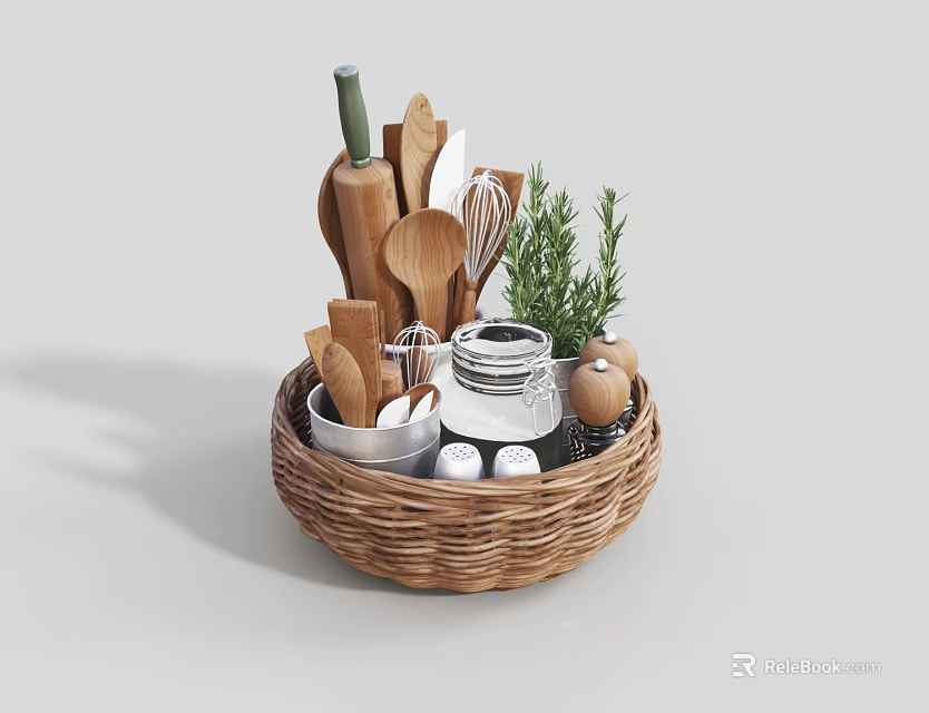 Kitchen Utensils in Woven Basket with Wooden Spoons Whisk Bowls Eggs and Rosemary 3d model 