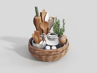 Kitchen Utensils in Woven Basket with Wooden Spoons Whisk Bowls Eggs and Rosemary 3d model