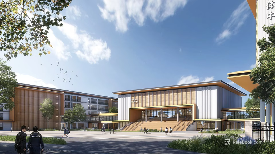 Modern School Campus Buildings With Large Windows Wide Steps And Green Areas 3d model 