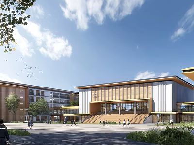 Modern School Campus Buildings With Large Windows Wide Steps And Green Areas 3d model