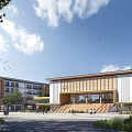 Modern School Campus Buildings With Large Windows Wide Steps And Green Areas