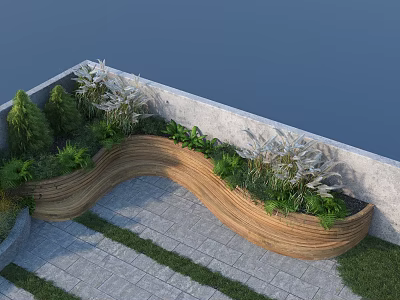 Garden Landscape Design With Curved Wooden Planter Lush Plants Stone Pavement And Water Surface 3d model