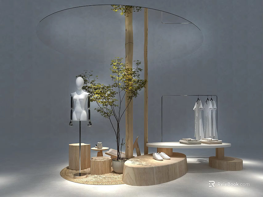 Modern Display Shelves With Wooden Structure Mannequin Hanging Clothes And Green Plant 3d model