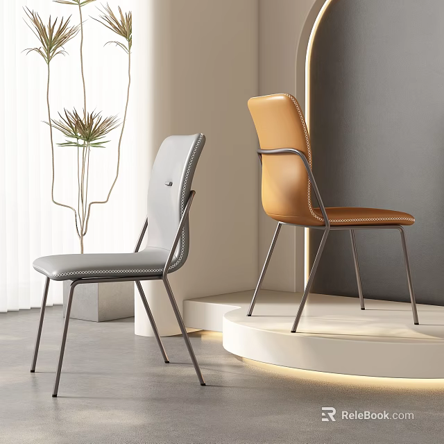 Modern Gray And Brown Leather Dining Chairs With Sleek Metal Legs In Minimalist Room 3d model 