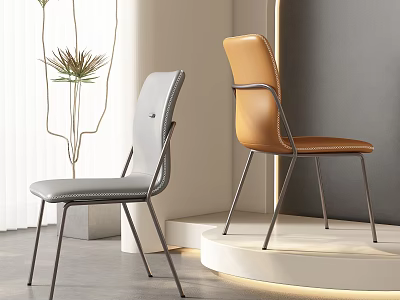 Modern Gray And Brown Leather Dining Chairs With Sleek Metal Legs In Minimalist Room 3d model