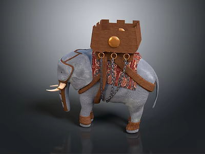 Decorative Elephant Figurine With Wooden Box Gold Ornament Patterned Saddle Cloth And Leather Straps 3d model