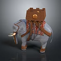 Decorative Elephant Figurine With Wooden Box Gold Ornament Patterned Saddle Cloth And Leather Straps