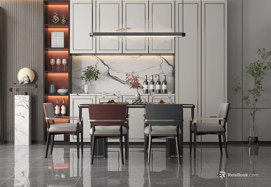 Elegant Modern Dining Table Set With Marble Top Chairs Cabinets And Plants 3d model