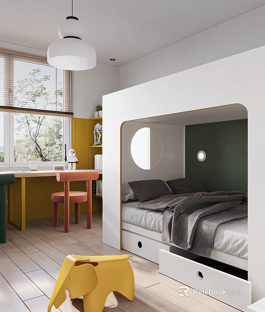 Modern Kids Room Interior With Built In Bed Green Wall Yellow Bookshelf And Study Desk 3d model 
