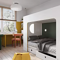 Modern Kids Room Interior With Built In Bed Green Wall Yellow Bookshelf And Study Desk