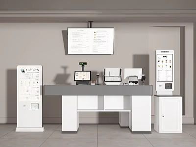 Commercial Equipment Setup Featuring Service Counter Computer Cash Register Display Screen And Information Kiosks 3d model