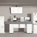 Commercial Equipment Setup Featuring Service Counter Computer Cash Register Display Screen And Information Kiosks
