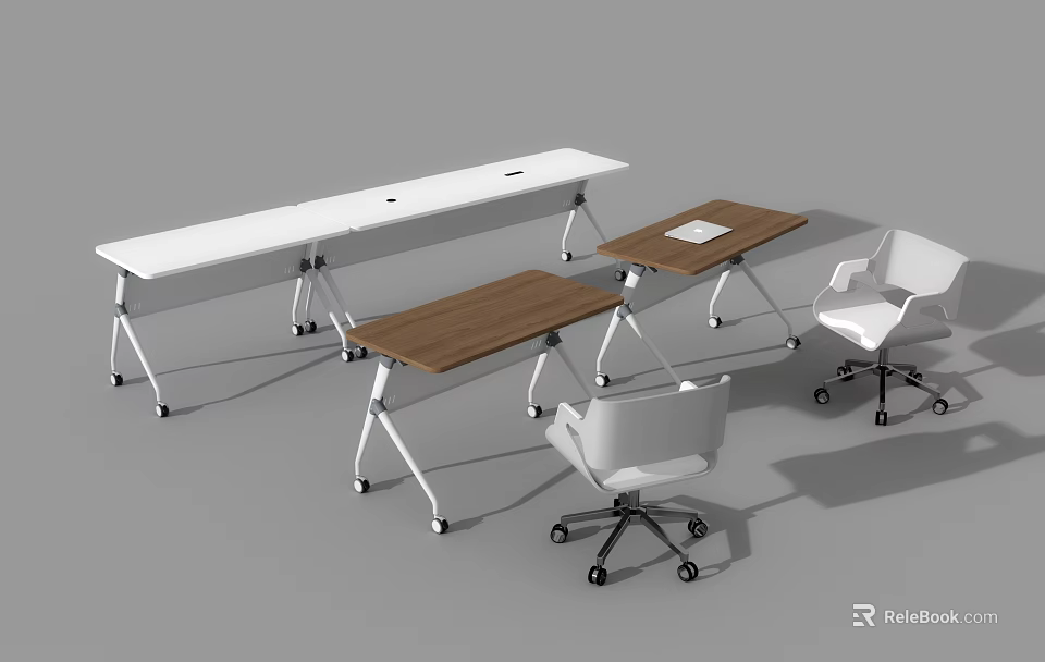 Modern White And Wooden Office Desk Setup With Rolling White Chairs And Minimal Design 3d model 