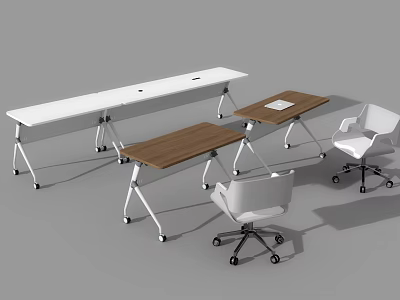 Modern White And Wooden Office Desk Setup With Rolling White Chairs And Minimal Design 3d model