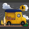 Yellow Food Truck Scene With Blue Canopy Banana Umbrella And Inflatable Ring