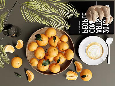 Delicate Ceramic Coffee Cup With Latte Art Fresh Oranges And Green Leaves In Wooden Bowl 3d model