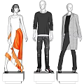 Fashion Mannequins Showcase Stylish Outfits White Top Orange Skirt Black Sweater Gray Coat Distressed Jeans
