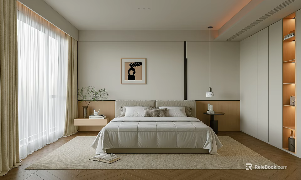 Modern Minimalist Bedroom with Beige Bed Bedside Tables Hanging Art Floor-to-Ceiling Windows Carpet and Wardrobe 3d model 