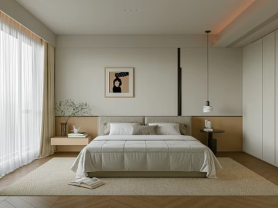 Modern Minimalist Bedroom with Beige Bed Bedside Tables Hanging Art Floor-to-Ceiling Windows Carpet and Wardrobe 3d model