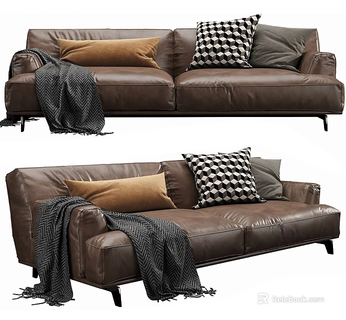 Modern Brown Leather Two Seater Sofa With Decorative Pillows And Throw Blanket 3d model