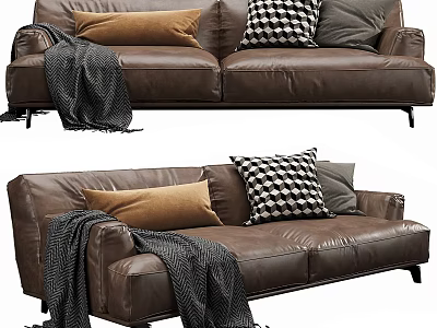 Modern Brown Leather Two Seater Sofa With Decorative Pillows And Throw Blanket 3d model