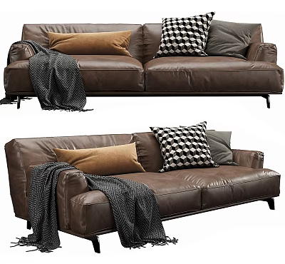 Modern Brown Leather Two Seater Sofa With Decorative Pillows And Throw Blanket 3d model