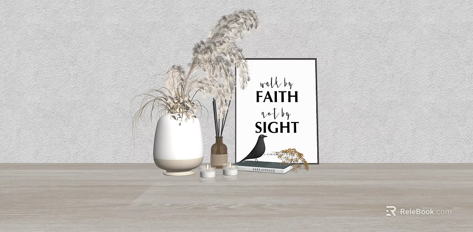 Minimalist Decorative Ornament Set With White Vase Pampas Grass Black Bird Candles And Art Print 3d model 