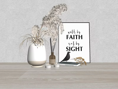 Minimalist Decorative Ornament Set With White Vase Pampas Grass Black Bird Candles And Art Print 3d model