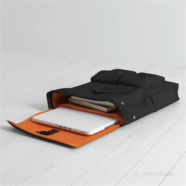 Black Backpack with Orange Interior Holding White Laptop and Books 3d model 