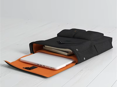 Black Backpack with Orange Interior Holding White Laptop and Books 3d model