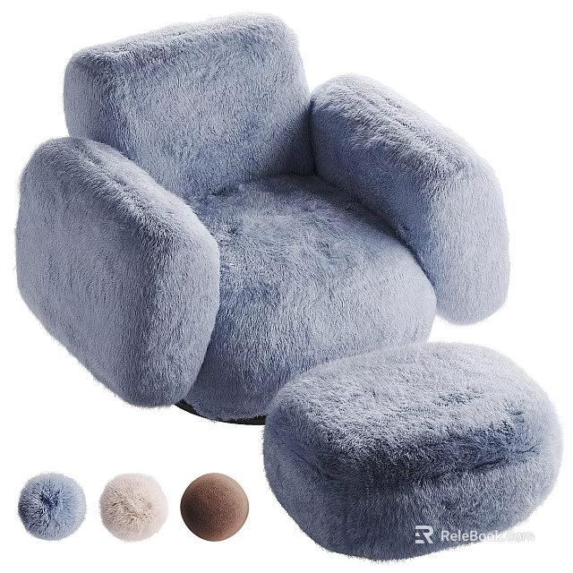 Light Blue Fluffy Single Armchair With Matching Ottoman And Soft Upholstery 3d model 