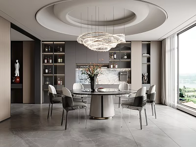 Modern Restaurant Interior With Round Dining Table Crystal Chandelier Wine Racks And Large Window 3d model