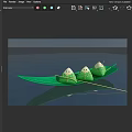 Clear Water Surface With Green Leaf Boat Floating Three Green Wrapped Parcels And Grassland