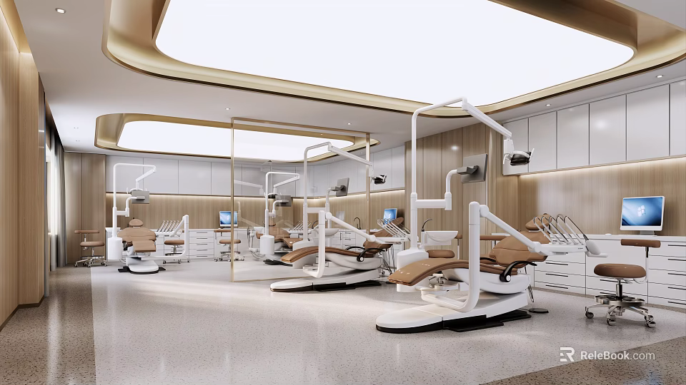 Modern Dental Clinic Interior With Dental Chairs And Medical Equipment Bright Lighting And Spacious Design 3d model 