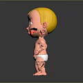 Cute Blonde Hair Baby Doll In White Diaper Standing On Dark Background