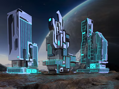 Futuristic Geometric Buildings With Blue Lighting On Alien Planet Sci Fi Scene 3d model