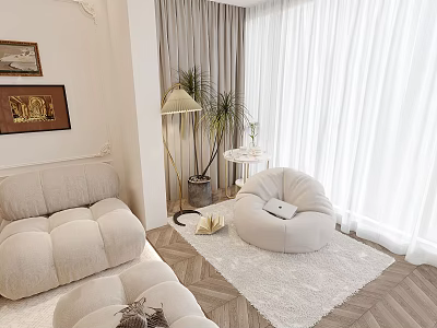 Cozy Beige Bean Bag Chair in Modern Living Room with Floor Lamp and Soft Rug 3d model