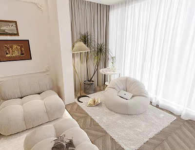 Cozy Beige Bean Bag Chair in Modern Living Room with Floor Lamp and Soft Rug 3d model