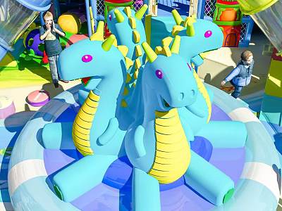 Colorful Dinosaur Shaped Inflatable Playground Equipment for Kids with Blue Yellow Design 3d model