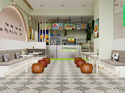 Modern Bubble Tea Shop Interior With Menu Boards Geometric Tile Floor And Banquette Seating 3d model