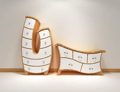 Modern Curved Design White Dressers With Storage Drawers And Wooden Legs Home Interior 3d model