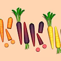 Fresh Colorful Carrots With Orange Purple Yellow Varieties Whole And Sliced Green Tops