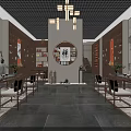 Zen Style Chinese Tea Room Interior With Wooden Bookshelves Tables Chairs Hanging Paintings And Chandeliers