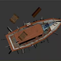 Old Red and White Rusty Model Boat with Ladder on Wooden Supports