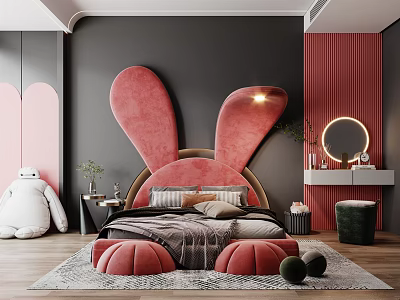Children's Room With Pink Rabbit Shaped Headboard Gray Bedding Red Striped Wall And Stuffed Toy 3d model