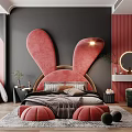 Children's Room With Pink Rabbit Shaped Headboard Gray Bedding Red Striped Wall And Stuffed Toy