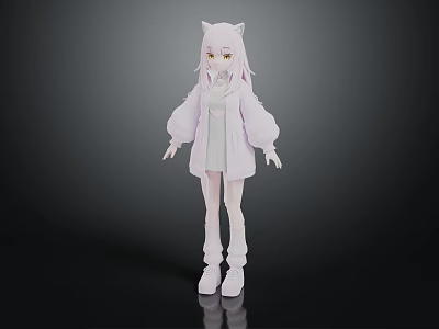 Cat Eared Character In Light Coat Long Sleeves White Pants Shoes On Dark Background 3d model