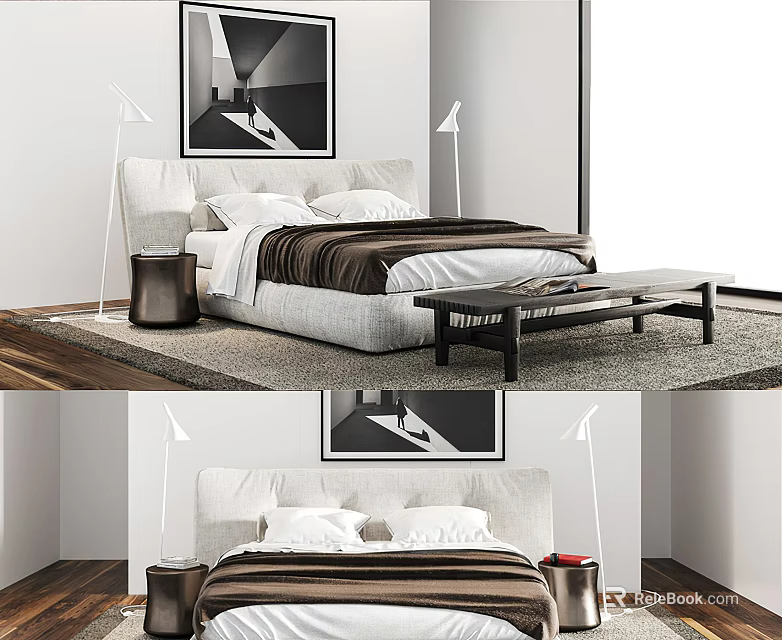 Modern Double Bed Interior Design With Floor Lamp Wall Art And Soft Rug 3d model 